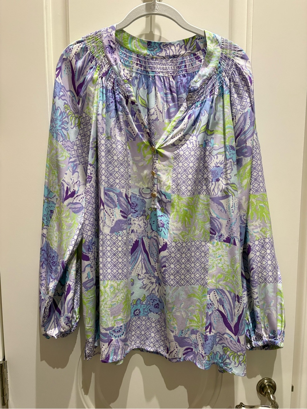 Lilly Pulitzer Elsa Lavender & Green Patchwork Peasant Blouse